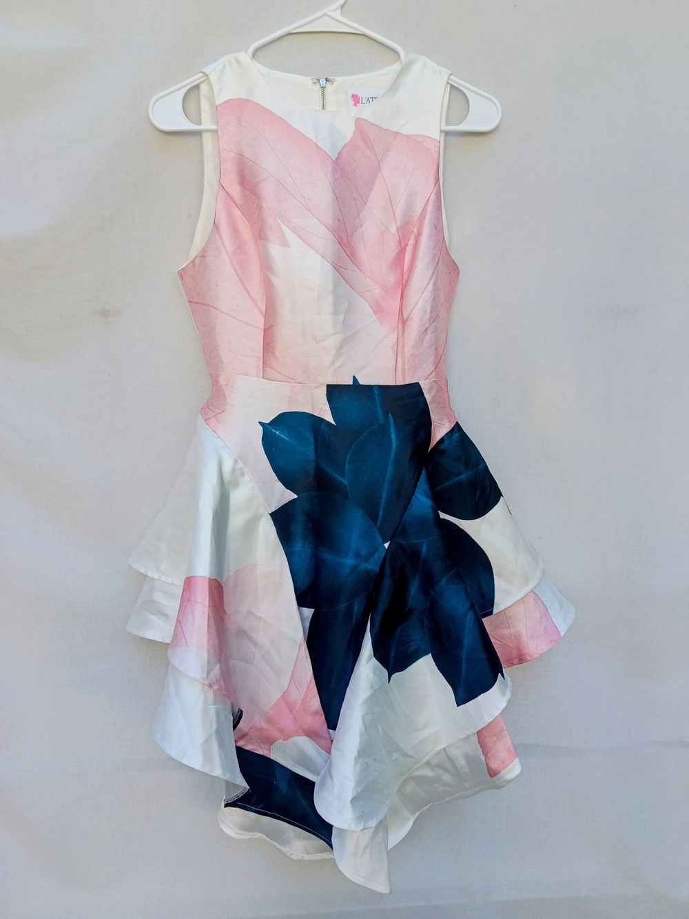 L'ATISTE Pink & Navy Floral Peplum A-Line Mini Dress Formal Cocktail Small